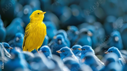 vibrant yellow bird standing out in a crowd of blue birds individuality and courage concept