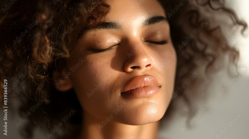 Close-up of a beautiful woman with flawless skin, her eyes closed in serene contemplation, with soft, diffused lighting creating a delicate and intimate atmosphere