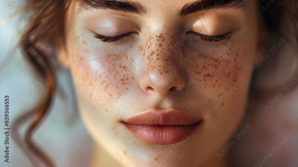 Fototapeta premium Close-up of a beautiful woman with flawless skin, her eyes closed in serene contemplation, with soft, diffused lighting creating a delicate and intimate atmosphere