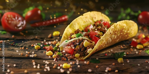 Two tacos with ground beef, tomatoes, corn and lettuce on a wooden table.