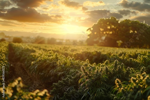 Scenic Sunrise Over a Lush Cannabis Farm With Rows of Plants Under a Golden Glow Landscape