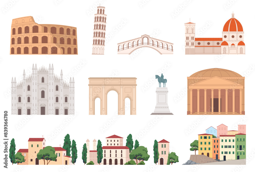 Naklejka premium Architectural buildings of Italy. Historical monuments of architecture. Beautiful tourist spots in sunny Italy. Vector illustration