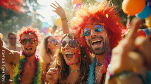 People wearing crazy wigs and dancing wildly at a music festival