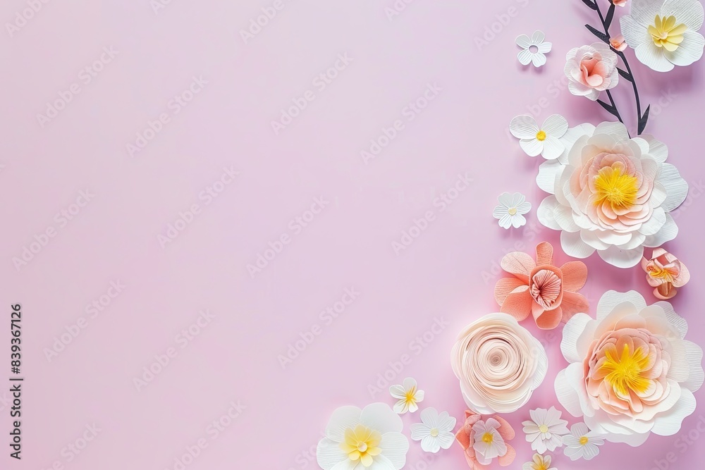 Flowers paper cut design. Beautiful spring paper cut flowers on soft color background. Valentine's Day, Birthday, Happy Woman Day, Mother's Day. Holiday poster and banner with flower papercut