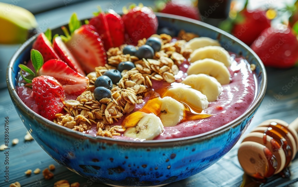 A close-up of a vibrant acai bowl topped with strawberries, blueberries, bananas, granola, and honey A close-up of a vibrant acai bowl topped with strawberries, blueberries, bananas, granola, and honey