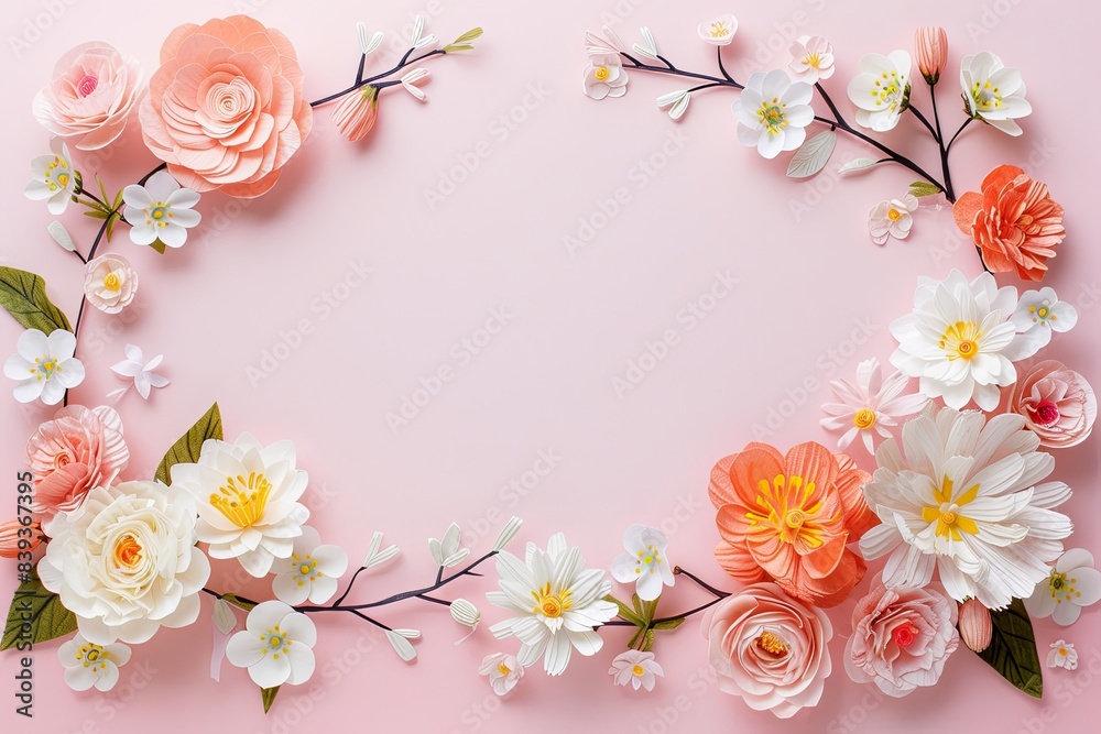 Flowers paper cut design. Beautiful spring paper cut flowers on soft color background. Valentine's Day, Birthday, Happy Woman Day, Mother's Day. Holiday poster and banner with flower papercut Flowers paper cut design. Beautiful spring paper cut flowers on soft color background. Valentine's Day, Birthday, Happy Woman Day, Mother's Day. Holiday poster and banner with flower papercut