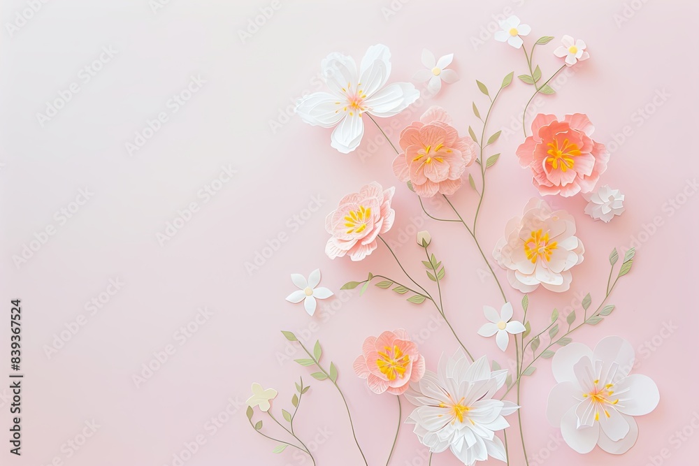 Flowers paper cut design. Beautiful spring paper cut flowers on soft color background. Valentine's Day, Birthday, Happy Woman Day, Mother's Day. Holiday poster and banner with flower papercut Flowers paper cut design. Beautiful spring paper cut flowers on soft color background. Valentine's Day, Birthday, Happy Woman Day, Mother's Day. Holiday poster and banner with flower papercut