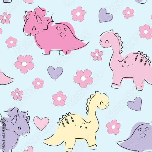 ?ute Dinosaurs background seamless pattern hand drawn summer print for kids fabric Vector Illustration