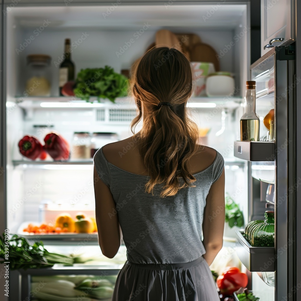 Young woman near open refrigerator in kitchen, diet, increased appetite, weight loss difficulties Young woman near open refrigerator in kitchen, diet, increased appetite, weight loss difficulties