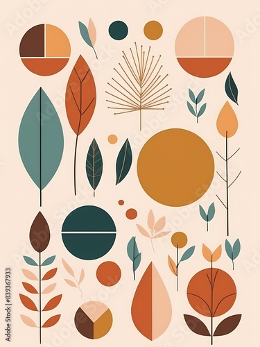 Abstract Boho Minimalist Geometric Shapes Leaves Generative AI Illustration 