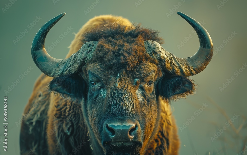 Naklejka premium A close up photo of a large male buffalo in a forest