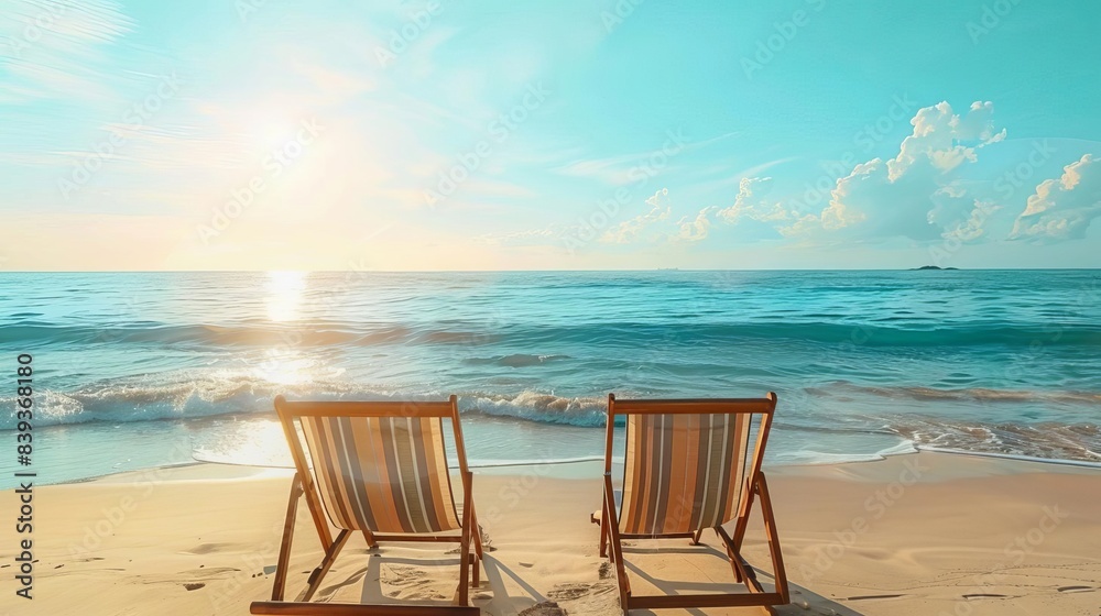 tranquil beach scene with two empty deck chairs facing the ocean relaxing vacation concept tranquil beach scene with two empty deck chairs facing the ocean relaxing vacation concept