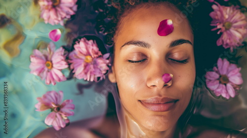 Woman Enjoying Aromatic Bath with Flower Petals  Mindful Relaxation