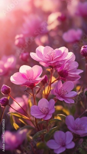 Pink flowers in spring. Sibuzakureya in the rays of the sun. Stunning purple wildflowers bloom in a lush field, bright and colorful. 