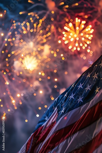 American flag with AIgenerated fireworks bursting in the background Celebratory USA Independence Day