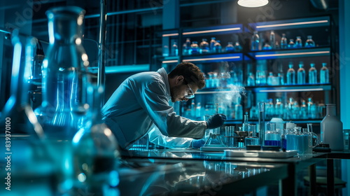 Scientist wearing protective gloves and glasses is carefully conducting an experiment with various colorful liquids in a modern, high-tech laboratory