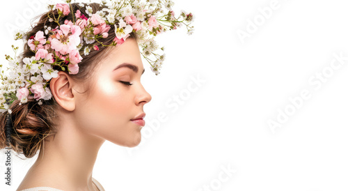 A beautiful woman with flowers in her hair is breathing fresh air, side view, white background, copy space concept for skin care and beauty industry. © Kien