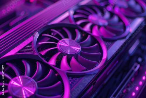Closeup of graphics card with purple fans in the background, hightech server room background, purple lighting, dark tons