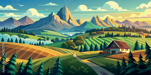 Sunny countryside landscape with mountains and farmhouse. Vector illustration