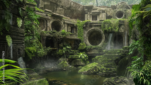 nderground city under lush jungle, connected by water channel. Ruins of an ancient civilization in tropics jungle photo