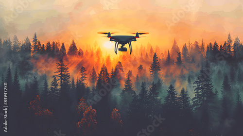 aerial view of a drone moderning over forest, monitoring and analyzing in forestry management. dron mapping forest after natural disaster assessing damage isolated on white background, pop-art, png © Pixel Prophet
