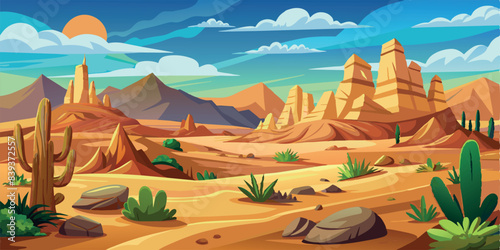 Desert landscape with cactus and rock formations. Vector illustration