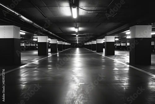 Parking underground that is empty in black and white. Generative Ai