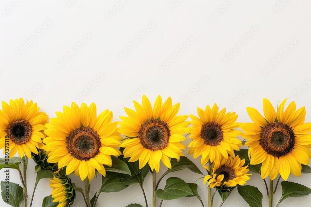 Fototapeta premium Sunflower Symphony: Radiant Realism of Bright Yellow Blooms on White Background