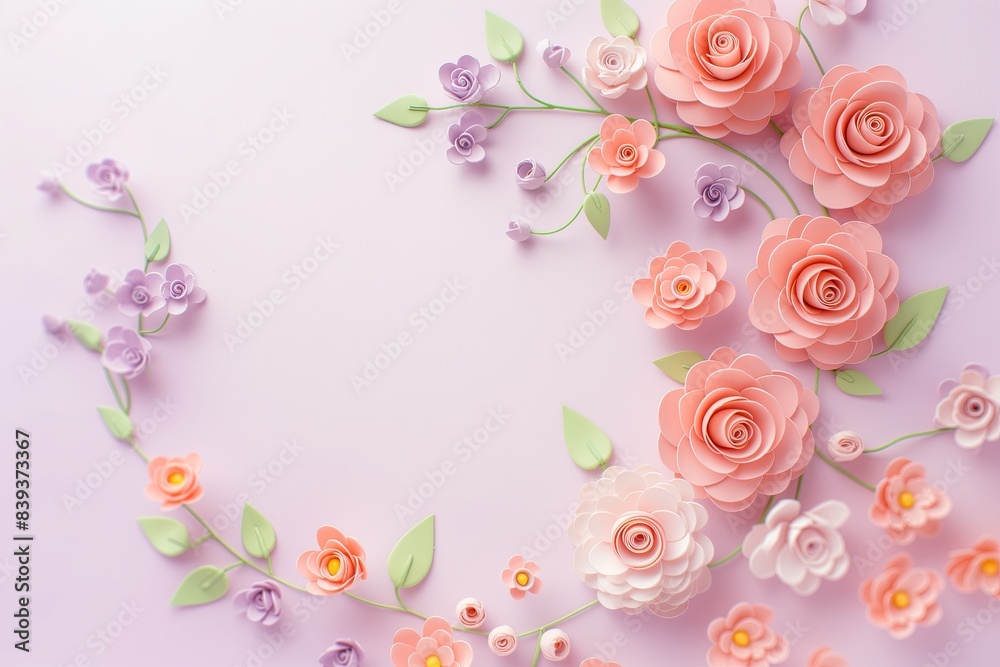 Flowers paper cut design. Beautiful spring paper cut flowers on soft color background. Valentine's Day, Birthday, Happy Woman Day, Mother's Day. Holiday poster and banner with flower papercut Flowers paper cut design. Beautiful spring paper cut flowers on soft color background. Valentine's Day, Birthday, Happy Woman Day, Mother's Day. Holiday poster and banner with flower papercut