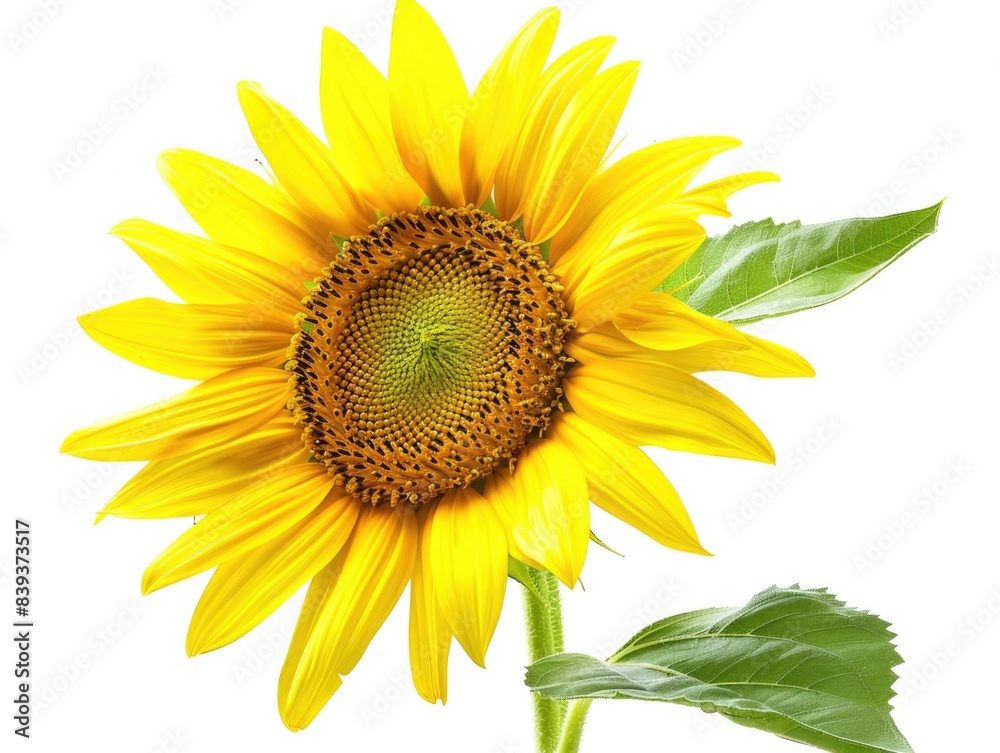 Naklejka premium Radiant Sunflower: Bright Yellow Bloom on White Background, Realistic Photography of Vibrant Happiness