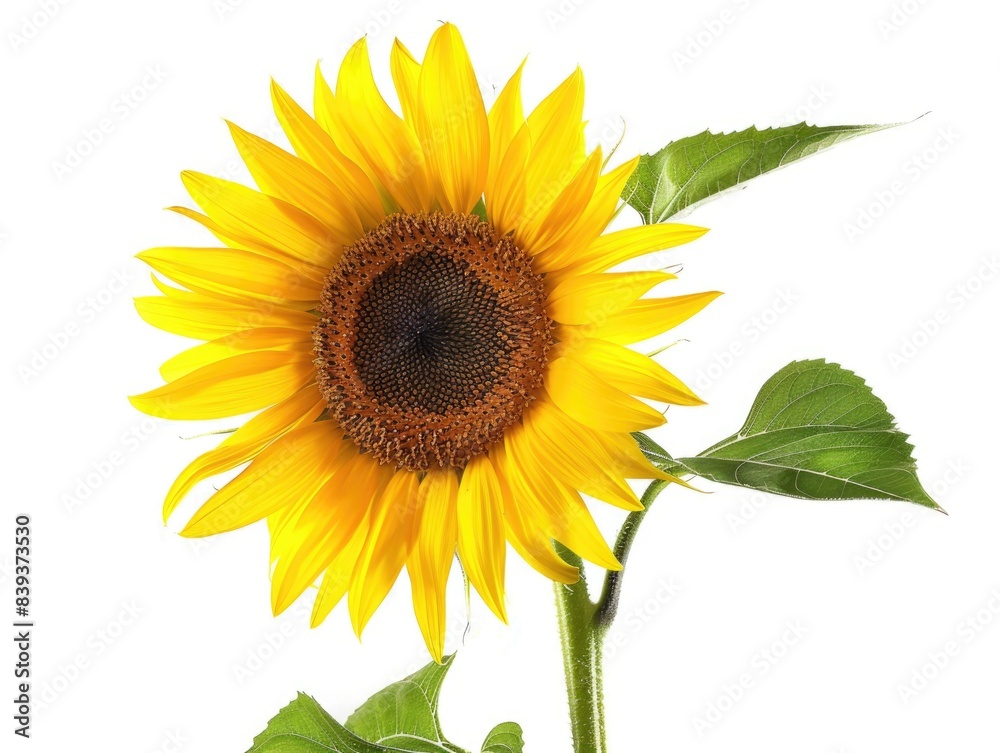 Fototapeta premium Radiant Sunflower in Full Bloom on White - Vibrant Realistic Photography of Bright Yellow Flower Symbolizing Happiness