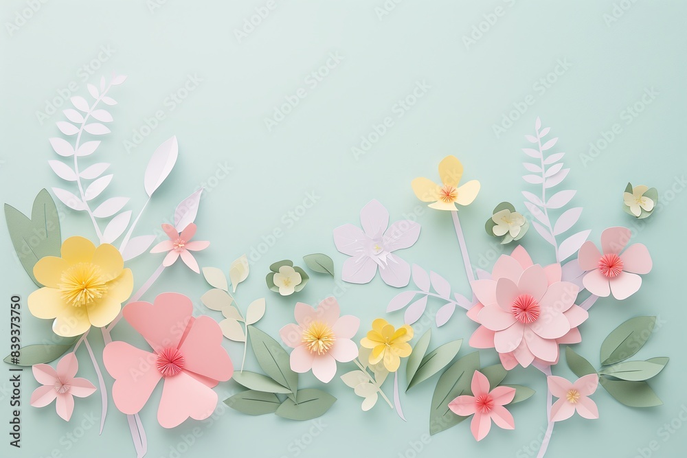 Fototapeta premium Flowers paper cut design. Beautiful spring paper cut flowers on soft color background. Valentine's Day, Birthday, Happy Woman Day, Mother's Day. Holiday poster and banner with flower papercut