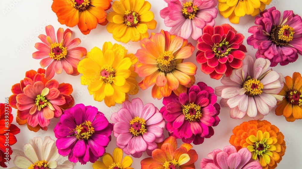 Vibrant Zinnias: A Burst of Color and Cheer in Realistic Photography on White Background Vibrant Zinnias: A Burst of Color and Cheer in Realistic Photography on White Background