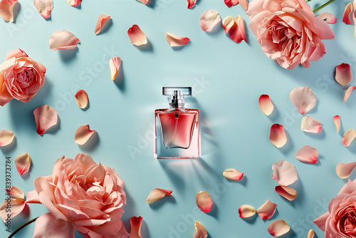 flat lay di una bottiglia di profumo alla rosa circondata da petali di rosa su sfondo azzurro photo