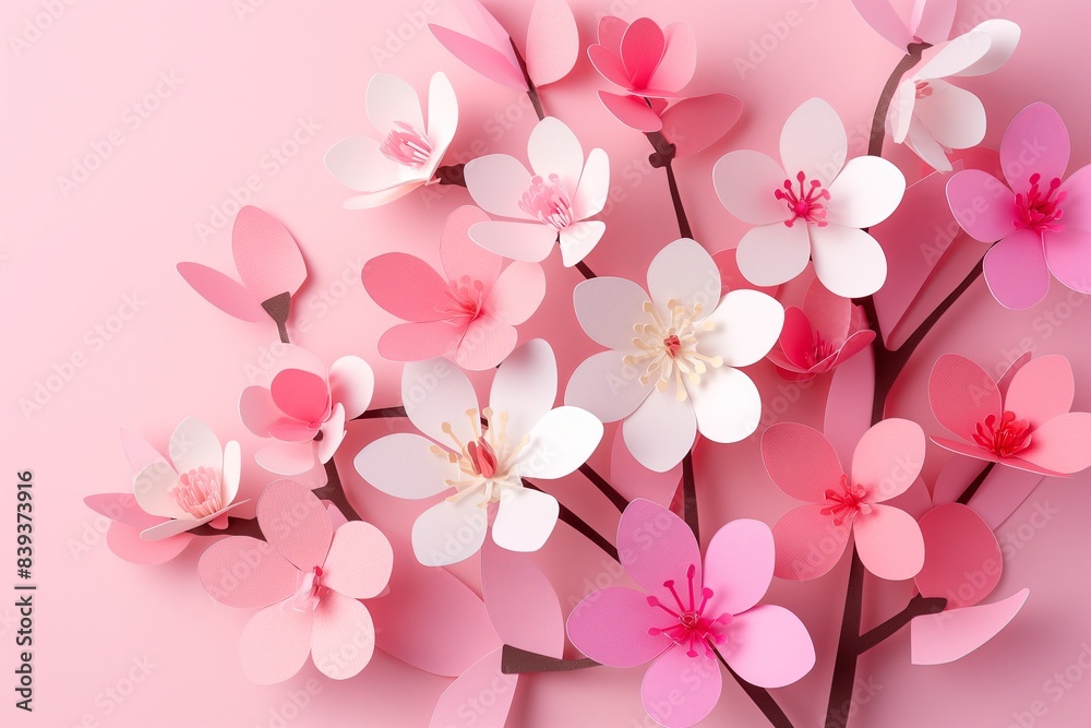 Flowers paper cut design. Beautiful spring paper cut flowers on soft color background. Valentine's Day, Birthday, Happy Woman Day, Mother's Day. Holiday poster and banner with flower papercut Flowers paper cut design. Beautiful spring paper cut flowers on soft color background. Valentine's Day, Birthday, Happy Woman Day, Mother's Day. Holiday poster and banner with flower papercut
