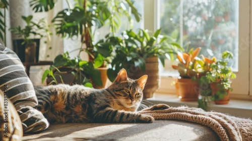 Cozy cat lounging in a sunlit living room, surrounded by house plants and cozy decor, with a large window in the background letting in natural light photo