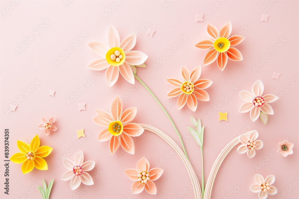 Flowers paper cut design. Beautiful spring paper cut flowers on soft color background. Valentine's Day, Birthday, Happy Woman Day, Mother's Day. Holiday poster and banner with flower papercut Flowers paper cut design. Beautiful spring paper cut flowers on soft color background. Valentine's Day, Birthday, Happy Woman Day, Mother's Day. Holiday poster and banner with flower papercut