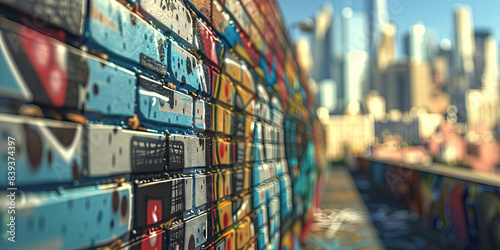 Graffiti covered walls  depicting the evolution of a city  leading to the backdrop of a modern  bustling metropolis