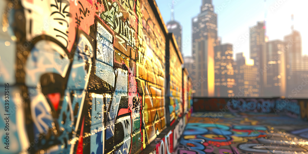 Fototapeta premium Graffiti covered walls, depicting the evolution of a city, leading to the backdrop of a modern, bustling metropolis