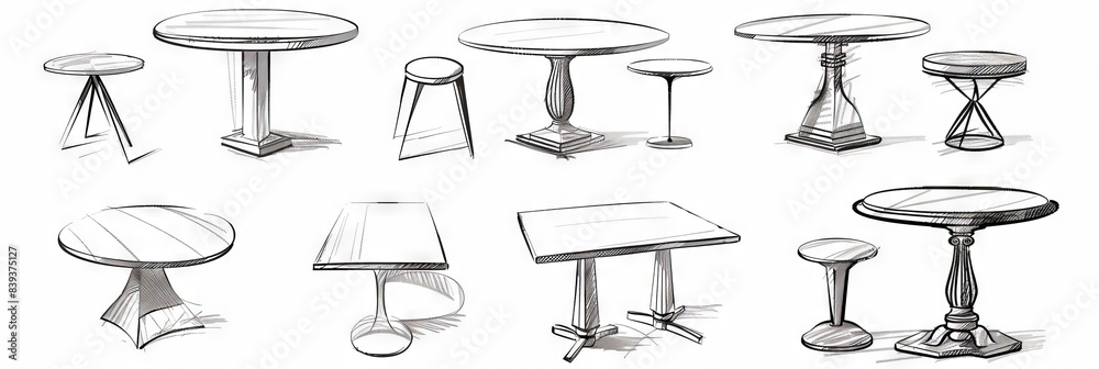 Tables sketched set, different line drawing desks, square and round tables, furniture doodles Tables sketched set, different line drawing desks, square and round tables, furniture doodles