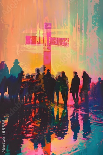 Transcendence through color and light. Silhouettes of people overlaid with a cross in the background. Glitched image, vibrant colors.