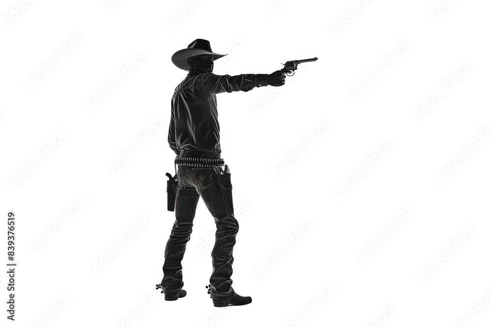 A man in a cowboy hat and boots holding a gun, 3d render, clipart, isolated on a transparent background. A man in a cowboy hat and boots holding a gun, 3d render, clipart, isolated on a transparent background.