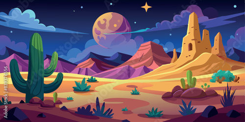 Nighttime desert landscape with cacti and full moon. Vector illustration