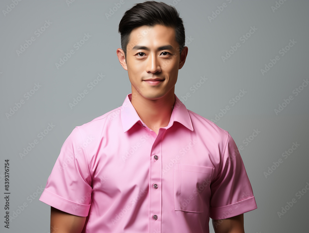 A joyful Asian man in Pink and White clothes against an isolated background A joyful Asian man in Pink and White clothes against an isolated background