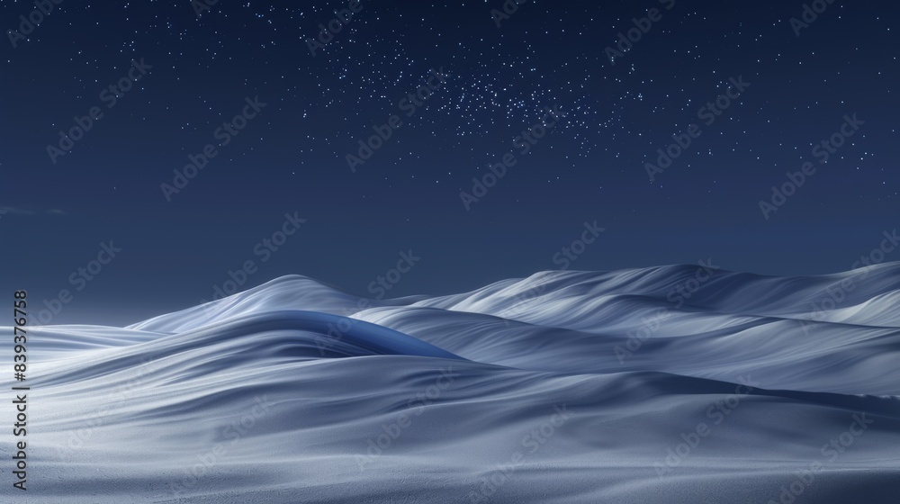 Serene nightscape of moonlit snow dunes under a sky full of stars. Serene nightscape of moonlit snow dunes under a sky full of stars.