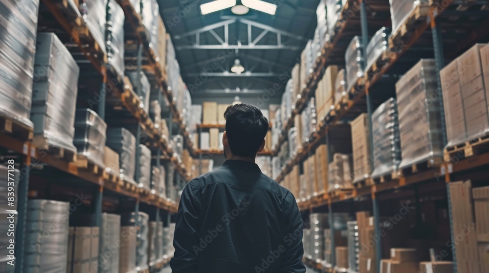 A man stands in a warehouse with a lot of boxes A man stands in a warehouse with a lot of boxes