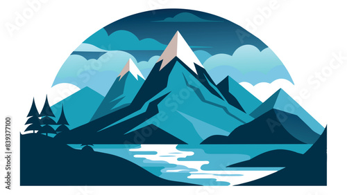Minimalist blue mountain landscape with lake view. Vector illustration