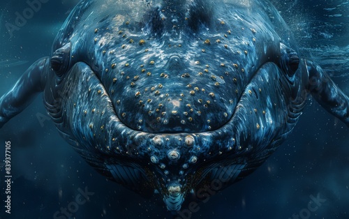 A humpback whales face swims through blue water, with barnacles visible on its skin photo
