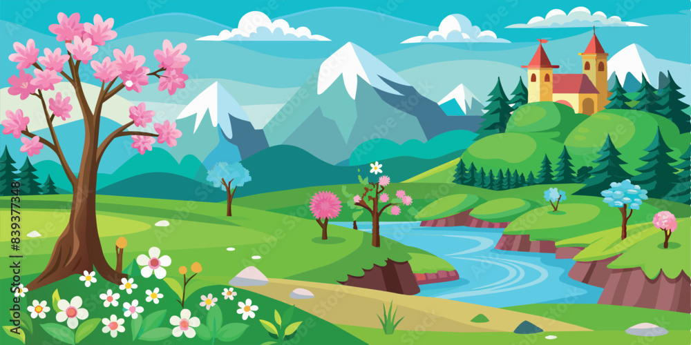 Naklejka premium Spring mountain landscape with blossoming trees and flowers. Vector illustration