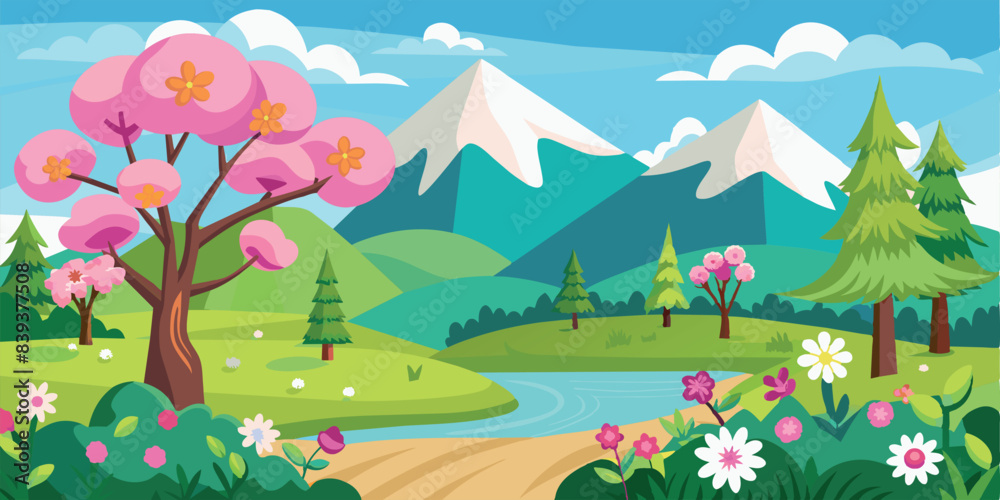 Fototapeta premium Colorful spring landscape with blooming trees. Vector illustration